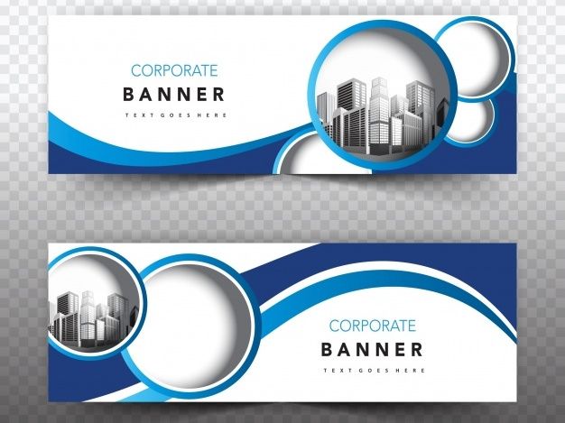 two blue and white business banners with cityscape in the middle, on a transparent background