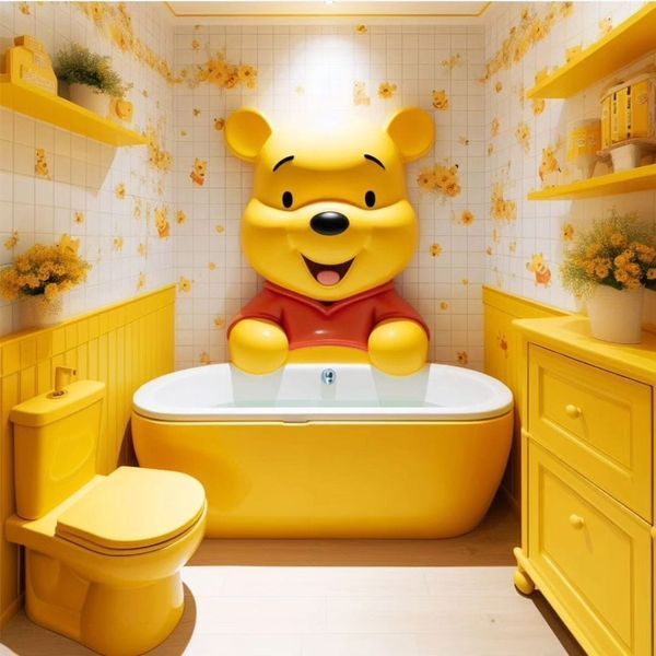 a yellow bathroom with a large teddy bear sitting in the bathtub next to a toilet