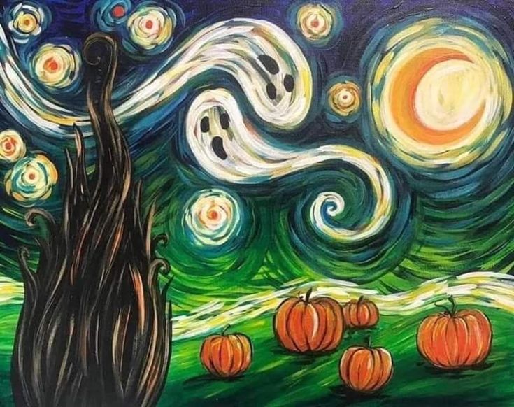 an artistic painting with pumpkins in the foreground and a starry night background