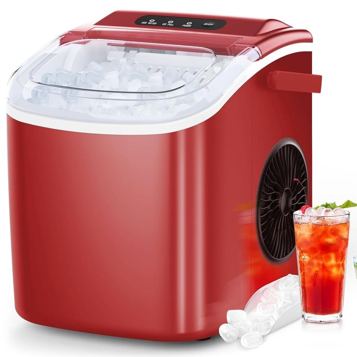 an image of a red cooler with ice and drinks next to it on a white background