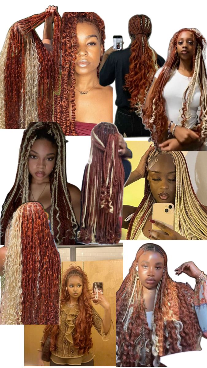 Ginger Skunk Stripe Braids, Ginger Braids With Blonde Highlights, Braid Color Mix Ideas, Color Mix For Braids, 33 Braids Color, Red And White Box Braids, Calico Box Braids, Ginger And Blonde Braids Combo, Braided Hair Colors