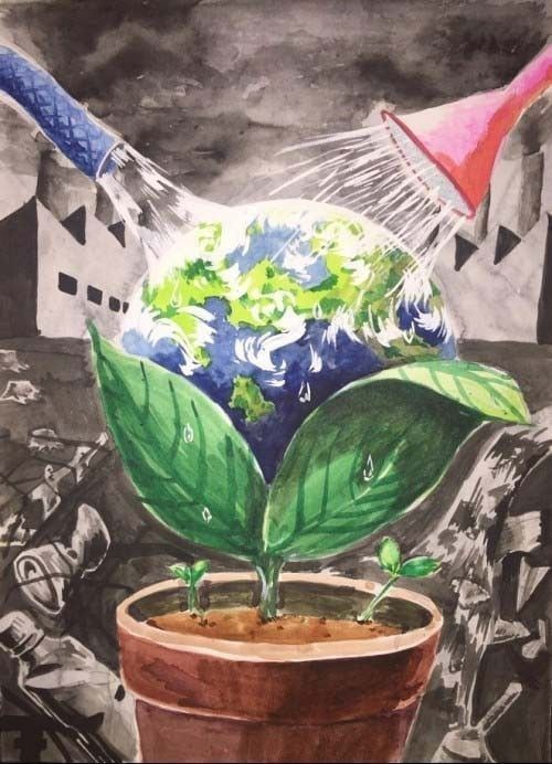 a drawing of a potted plant with the earth in it's center being watered