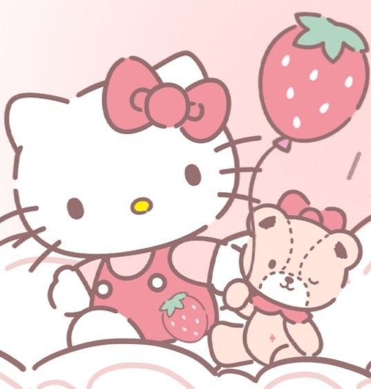 a hello kitty wallpaper with a teddy bear holding a strawberry and a strawberry balloon