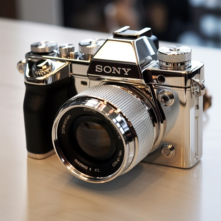 a camera sitting on top of a wooden table next to a black and silver lens