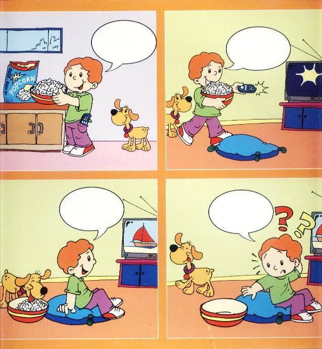 a comic strip shows a child playing with his toys