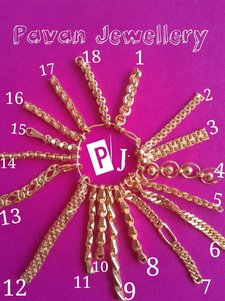 a gold chain clock with the word pj on it's face in front of a purple background