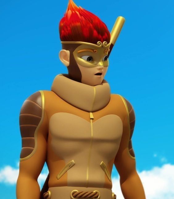 an animated man with red hair and gold armor standing in front of a blue sky