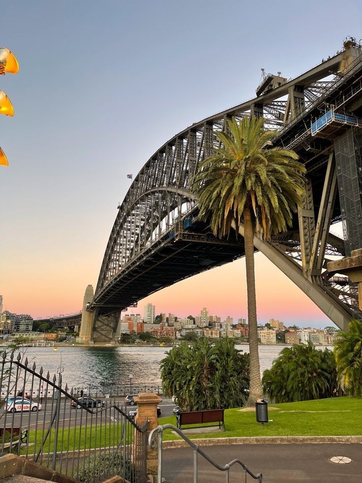 a large bridge spanning over a river next to a lush green park with palm trees