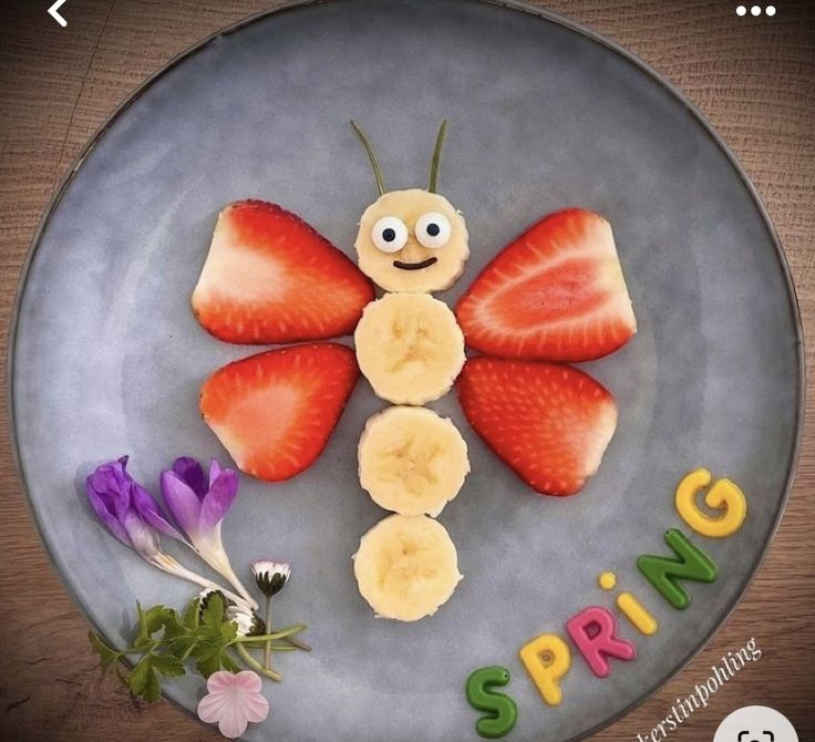 a plate that has some fruit on it with the words spring spelled in front of it