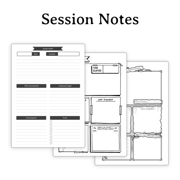 three notebooks with the words session notes written in black and white, on top of each