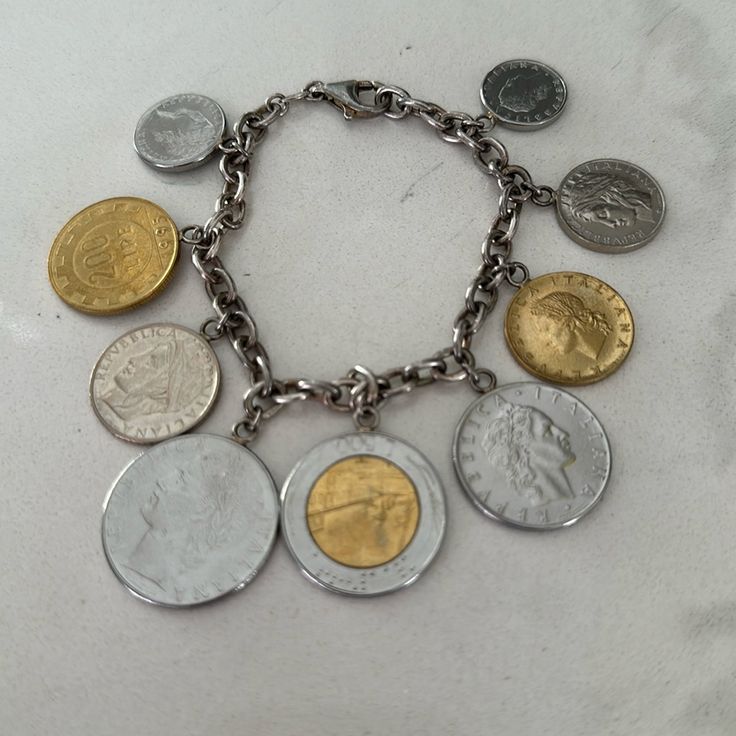 Italian Coin Bracelet With 925 Silver Chain Luxury Silver Chain Bracelet With Charms, Silver Coin Bracelet, Luxury Silver-colored Gold-plated Coin Necklace, Luxury Sterling Silver Tarnish-resistant Coin Necklace, Nickel-free Silver Oval Link Charm Bracelet, Napier Sterling Silver Vintage Coin Bracelate, Coin Bracelet, Womens Jewelry Bracelets, Silver Chain