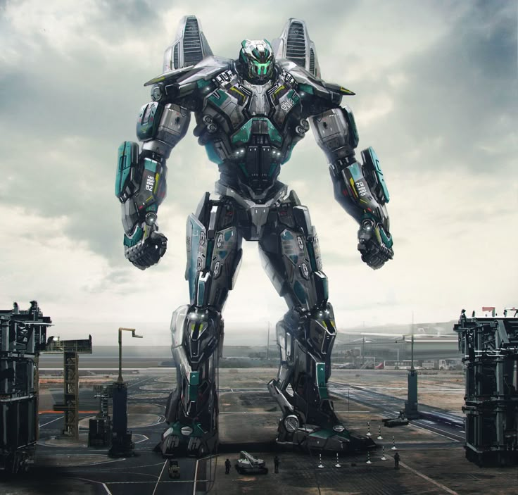 a giant robot standing on top of a parking lot next to an industrial area and cloudy sky