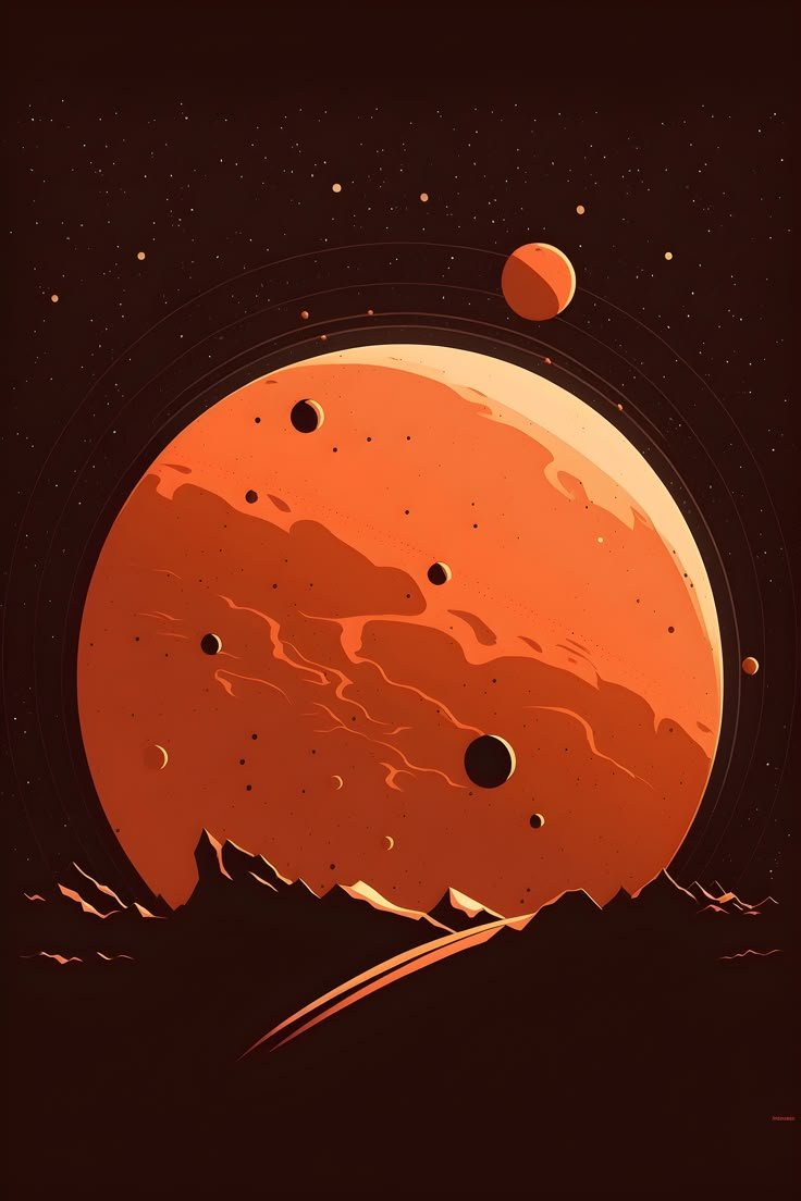 an orange planet with mountains and stars in the background