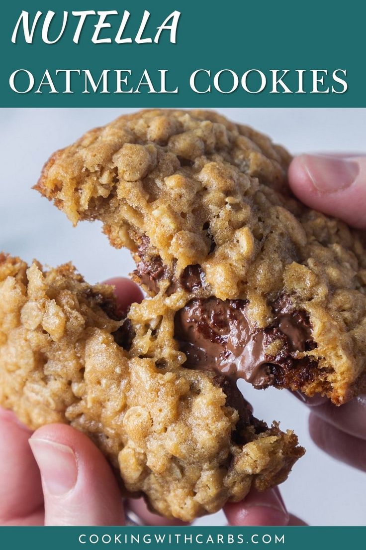 a hand holding a chocolate chip cookie with the words nutella oatmeal cookies