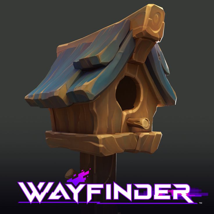 the logo for wayfinder with a birdhouse on it's roof and purple lettering