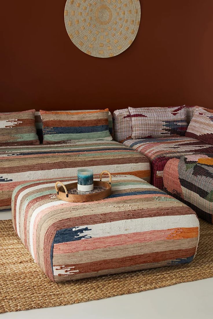 a living room with two couches and a coffee table on the floor in front of it