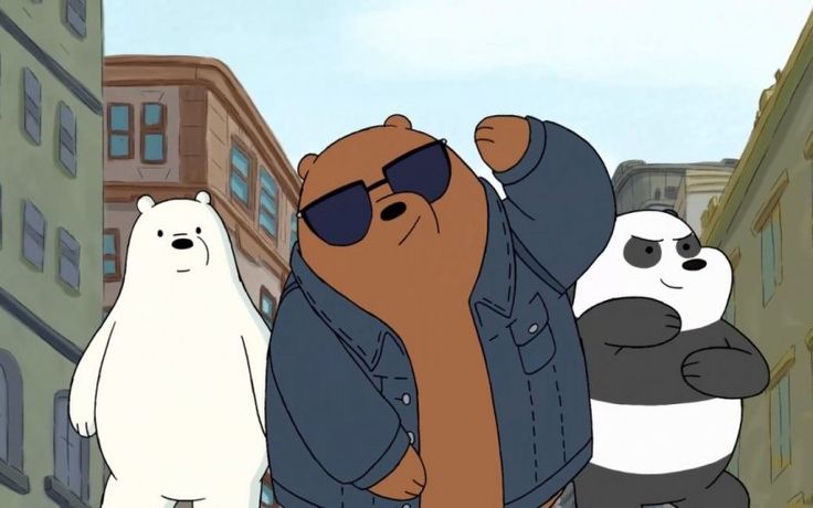 an animated image of two bears and one bear wearing sunglasses, standing in the middle of a city street