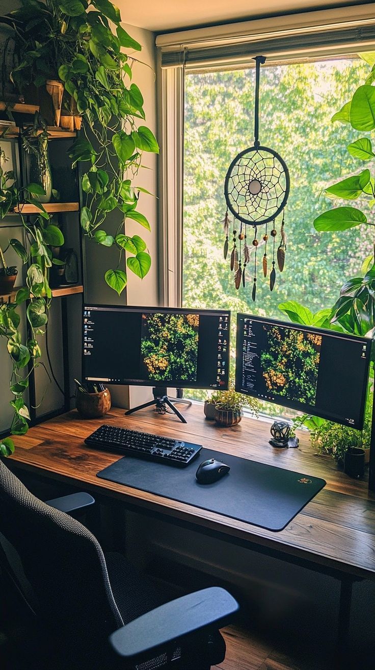 Tranquil home office setup with wooden desk, dual monitors, ergonomic chair, and greenery Productive Home Office, Office Plants Desk, Cozy Gamer, Stylish Home Office, Plant Inspiration, Wall Trellis, Desk Plants, Rustic Desk, Cozy Home Office