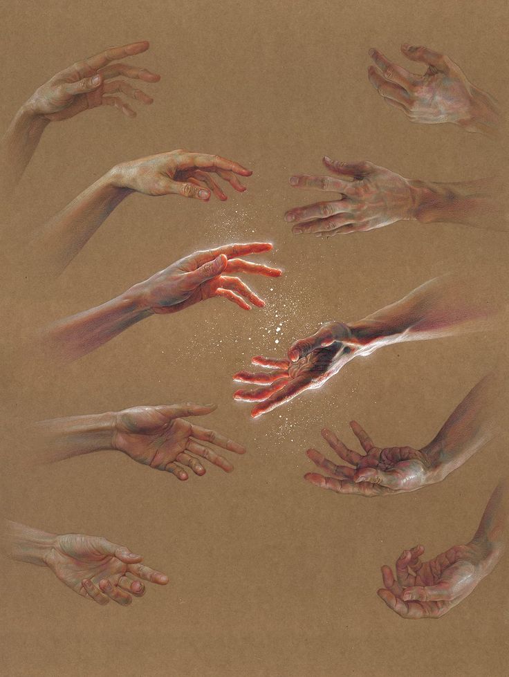 several hands reaching out to touch each other with one hand and the other holding something