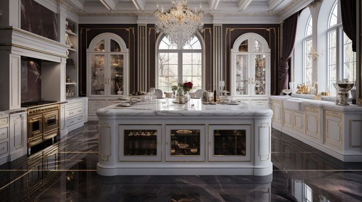 an elegant kitchen with marble counter tops and white cabinetry, along with chandelier