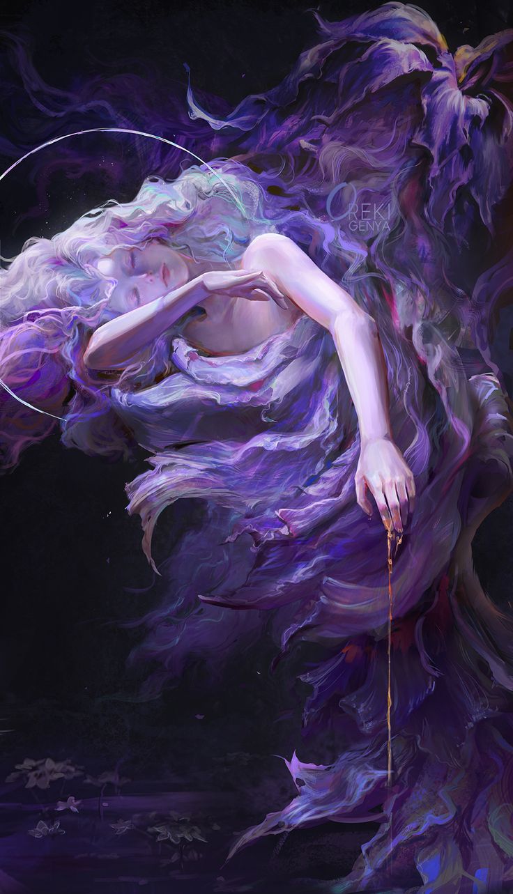 an artistic painting of a woman with purple hair and flowing dress, holding a string