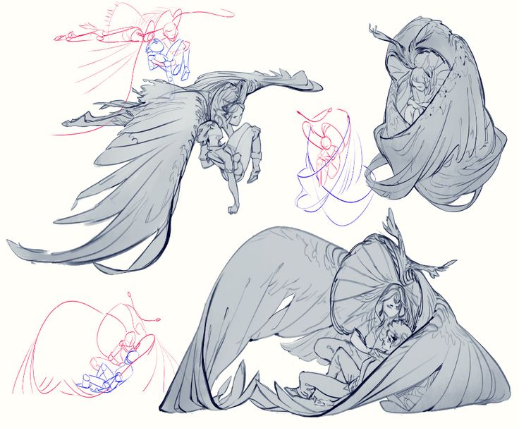 some sketches of an angel with wings on their back and arms, one in the air