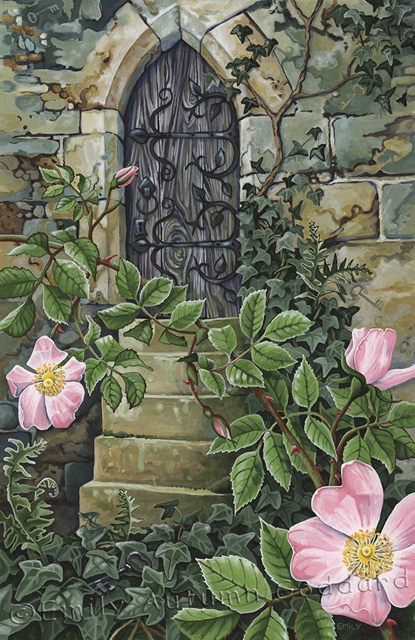 a painting of pink flowers in front of a door