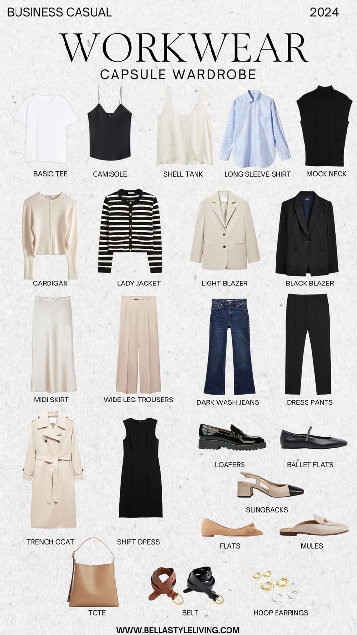 Business Casual Capsule Wardrobe for Women Business Casual Capsule Wardrobe, Business Casual Capsule, Interview Suits, Casual Capsule Wardrobe, Workwear Capsule Wardrobe, Smart Casual Women Outfits, Fashion Infographic, Workwear Capsule, Capsule Wardrobe Casual