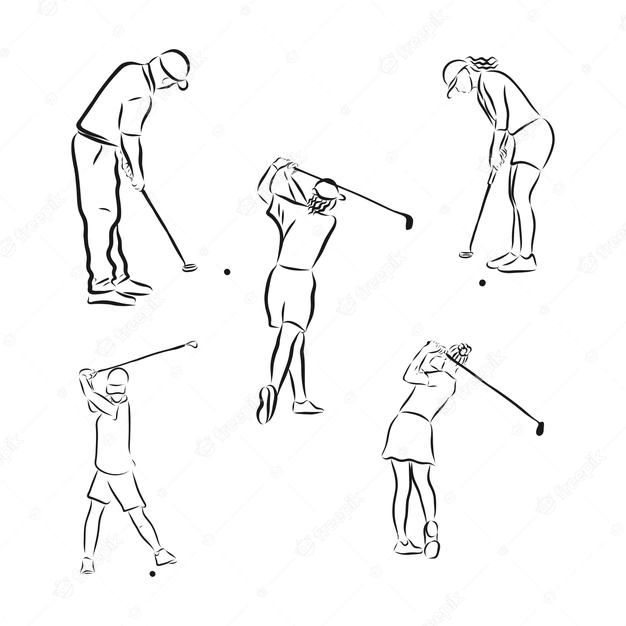 an image of people playing golf in different positions on a white background freehand drawing