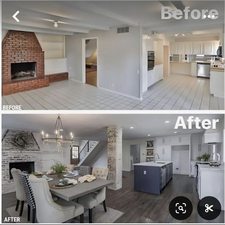 before and after photos of a kitchen, dining room and living room remodel