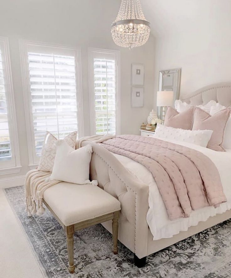 a bedroom with white furniture and pink bedding on the bottom row is featured in an instagram