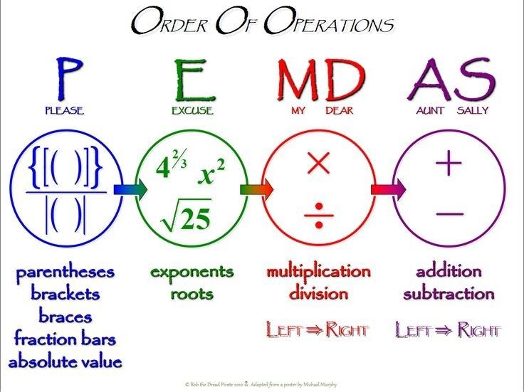 the order of operations for m d as is written in different colors and styles, including letters