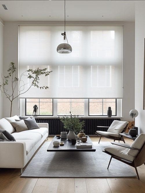 a living room filled with white furniture and large windows covered in blinds on the side