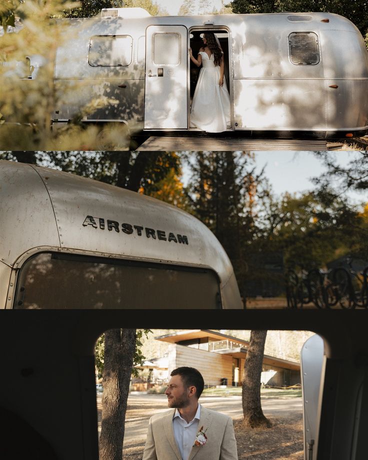 the bride and groom are standing in front of an airstream