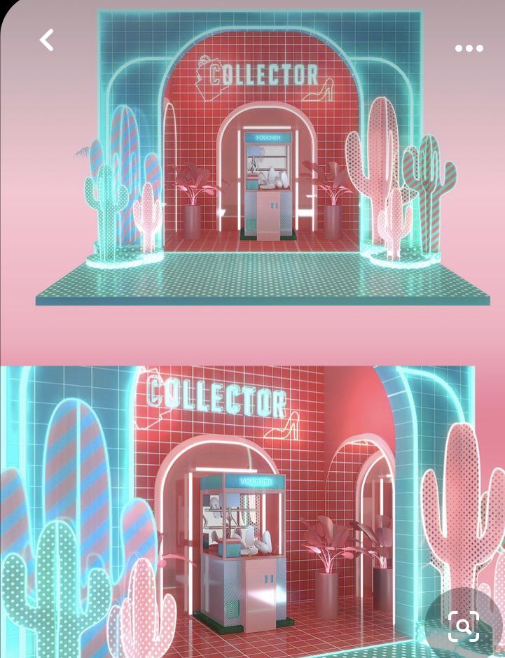 two 3d renderings of the interior and exterior of a building with cactus plants in front