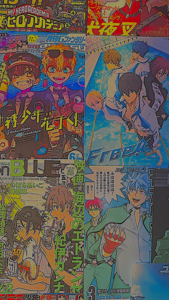 several anime covers are displayed on a wall in various colors and sizes, including one with an image of the same character