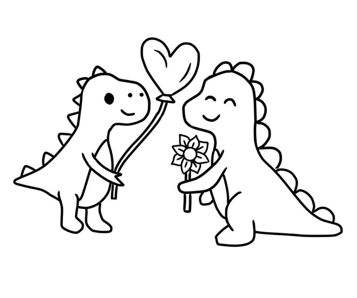 Two dinosaurs holding sunflower and heart shaped balloon. Jhoanna&yareth shirts who Dinosaur Love Drawing, Dinosaur And Flower Tattoo, Dinosaur With Flowers Tattoo, Couple Tattoos Anime, Dinosaur In Love, Holding Flowers Drawing, Small Holiday Tattoos, Couple Tattoos King And Queen, Dinosaurs In Love