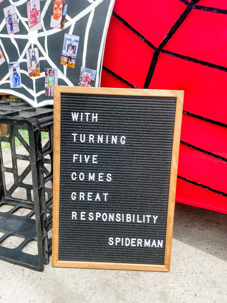 a sign that says with turning five comes great responsibility spiderman