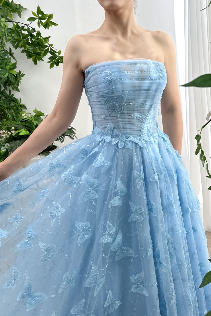 MissJophiel Strapless Corset Butterfly Tulle Midi Dress Corset Butterfly, Blue Butterfly Dress, Patterned Bridesmaid, Corset Design, Tulle Midi Dress, Delicate Butterfly, Blue Floor, Strapless Corset, Butterfly Dress