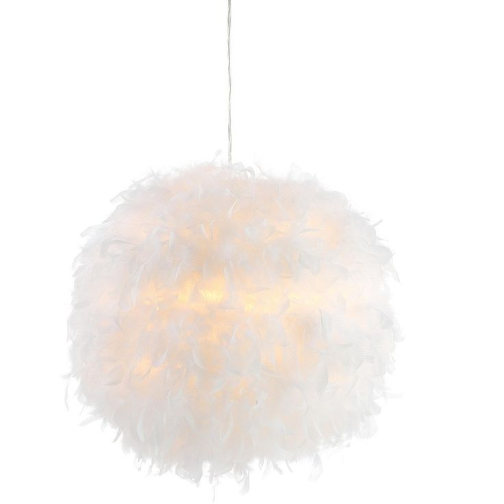 a white light hanging from a ceiling with some feathers on it's end and the lights turned off