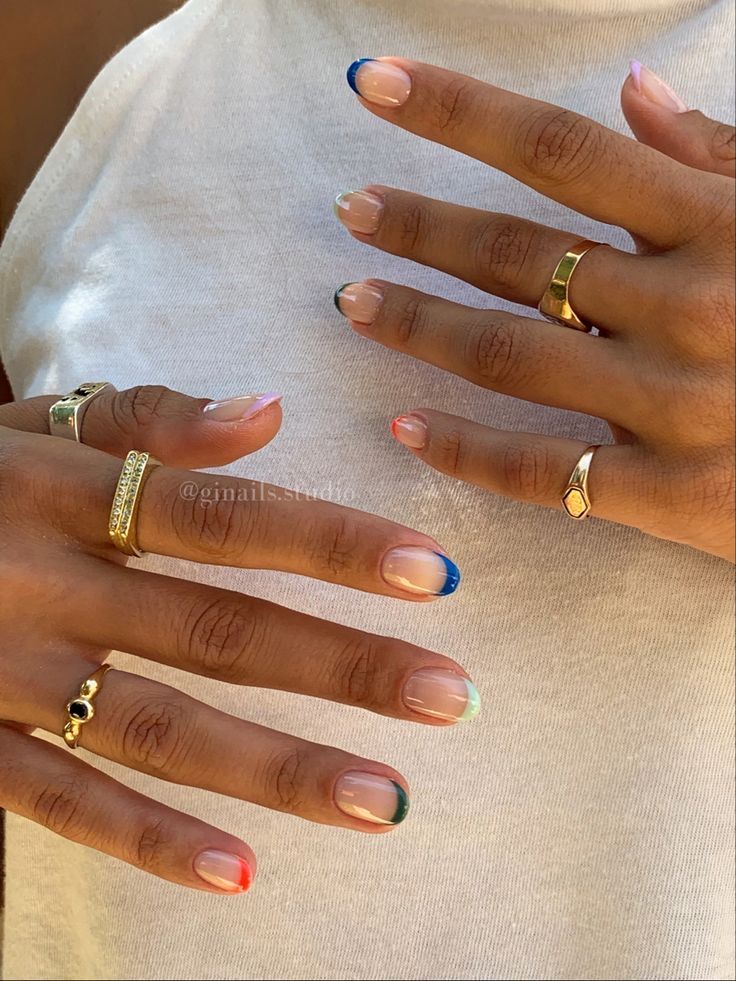 Short Nail 2024 Trends, Short Color French Nails, Color French Tip Nails Summer, Hamptons Nails, Short French Nails With Design, Short Round Nails Summer, Multi Colored French Tip Nails, Multicolor French Tip Nails, Dip Nail Design