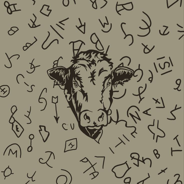 the head of a cow surrounded by letters and numbers in black ink on a gray background