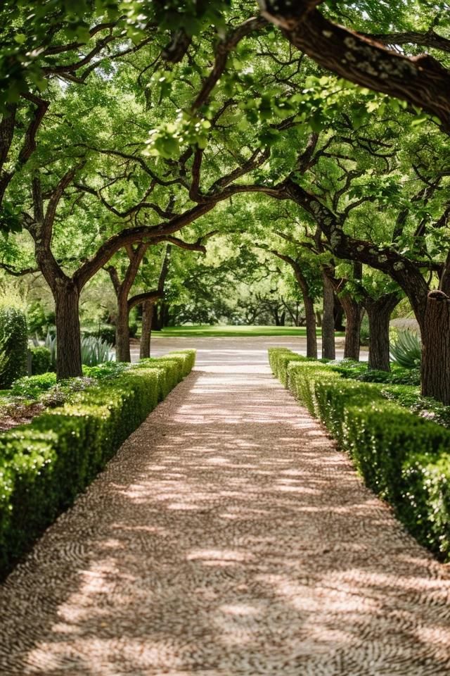 Tree Lined Driveway Ideas to Elevate Your Home Tree Avenue Driveway, Oak Tree Lined Driveway, Southern Driveway Entrance, Long Driveway To House, Willow Tree Driveway, Hedge Lined Driveway, Bushes Lining Driveway, Houses With Long Driveways, Long Driveway Ideas Country Roads