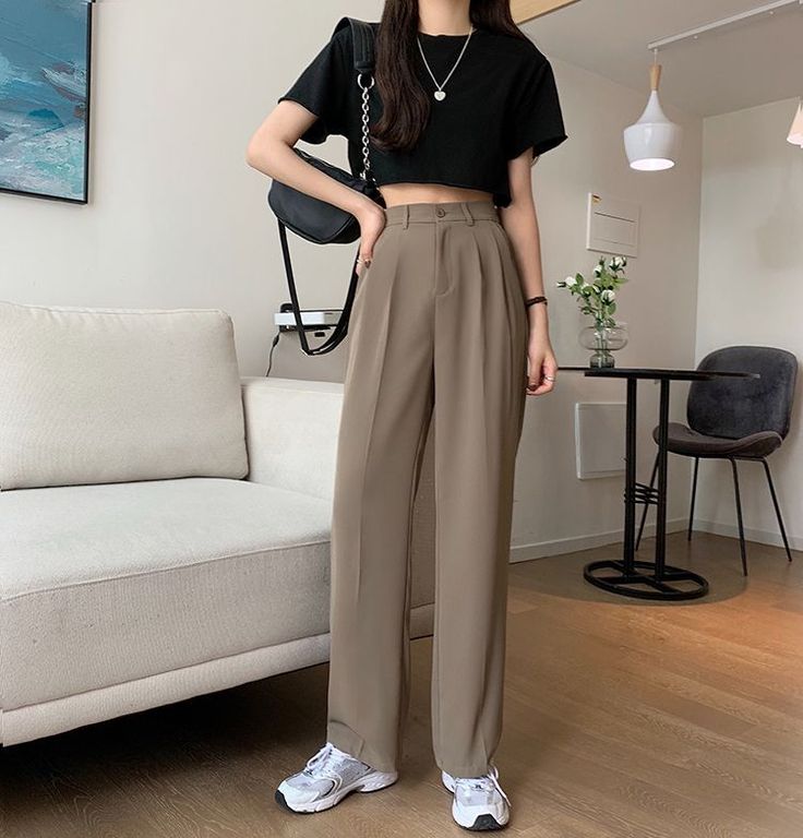 Straight Leg Dress Pants Size S M L Total Length Waist 96 60-80 97 62-82 98 64-84 measurement is cm.Product Information Material: Polyester 100% Color: Black Trousers Outfit Casual Korean, Korean Trousers Outfit Women, Basic Korean Outfits, Korean Trousers Outfit, Korean Trousers, Wide Leg Trousers Outfit, Black Korean, Trouser Outfit, Outfit Korean