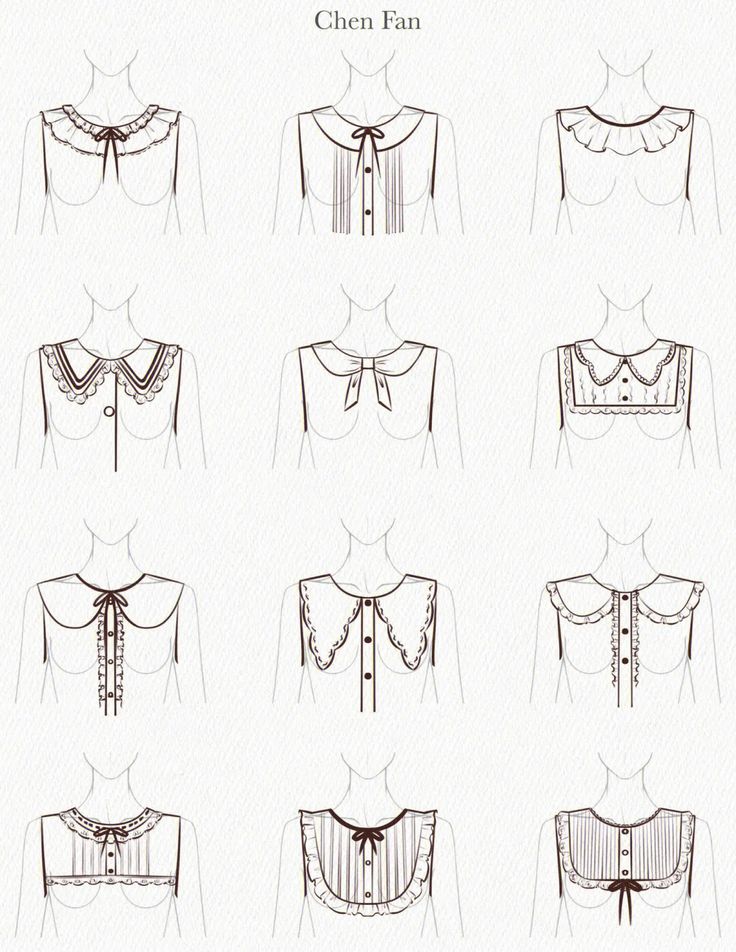 different types of blouses with bows on the neck and shoulders, all drawn in black ink