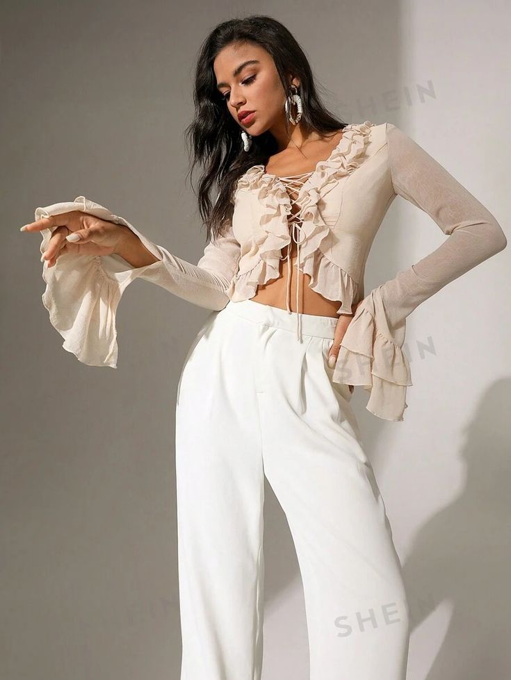 SHEIN Essnce Solid Color Crossed Tie Hem Ruffle Trim Bell Sleeve Blouse for Sale Australia| New Collection Online| SHEIN Australia Outfit Ideas With Jordans, Snowboarding Hairstyles, Shein Aesthetic, Dinner Outfit Winter, Frilly Blouse, Lazy Day Outfit, Feminine Top, Cute Winter Outfits