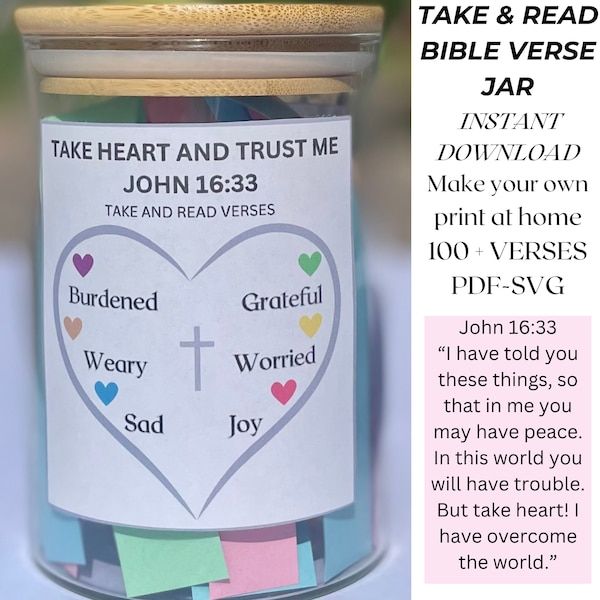 a jar filled with hearts and words next to a card that says take & read bible verse jar