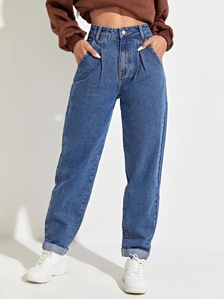 Slant Pocket Mom Fit Jeans | SHEIN Mom Fit Jeans, Mum Jeans, Blue Mom Jeans, Slouchy Jeans, Comfy Jeans, Loose Fit Jeans, Jeans Mom, Tapered Jeans, Women Denim Jeans