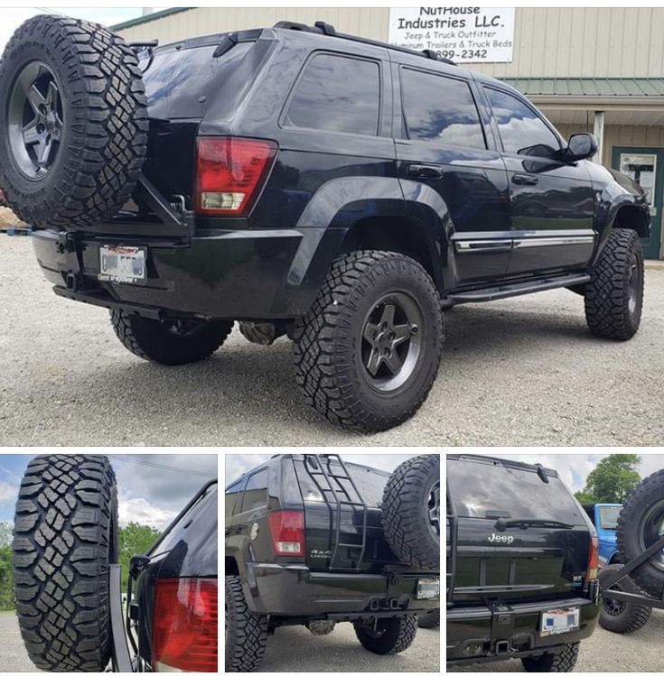 four different pictures of the back end of a black jeep with tires and rims