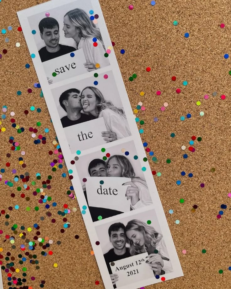 the save the date bookmarks are decorated with multicolored confetti